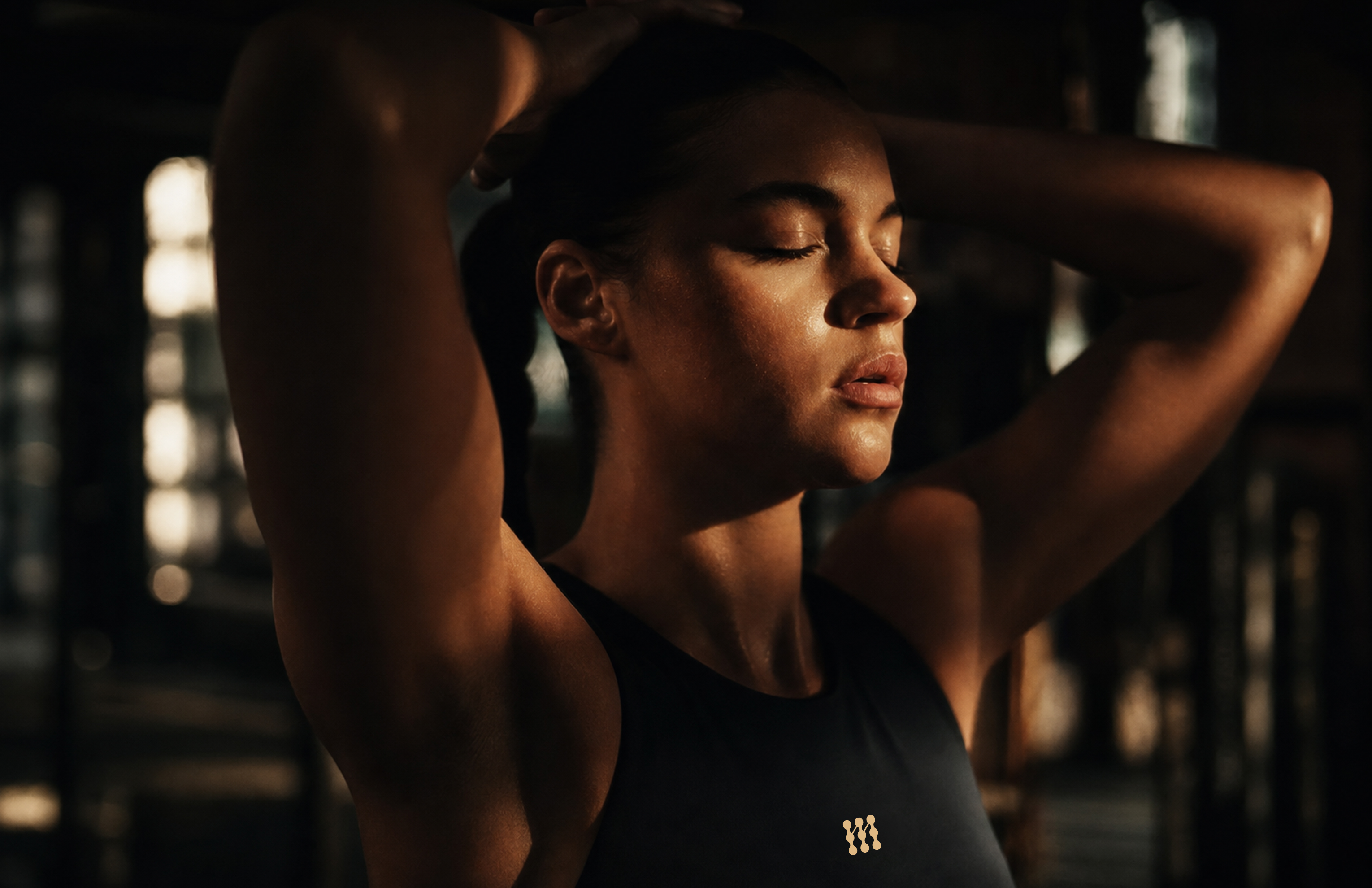 Athlete taking a moment to recover after training in warm gym light