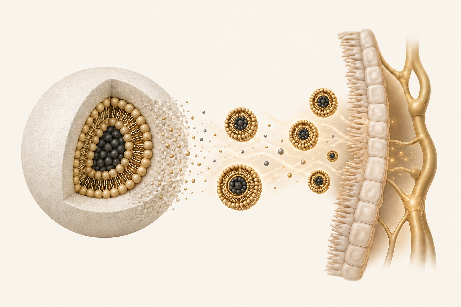 Illustration of a solid-state tablet with active ingredient held in a phospholipid matrix, dispersing near an intestinal membrane
