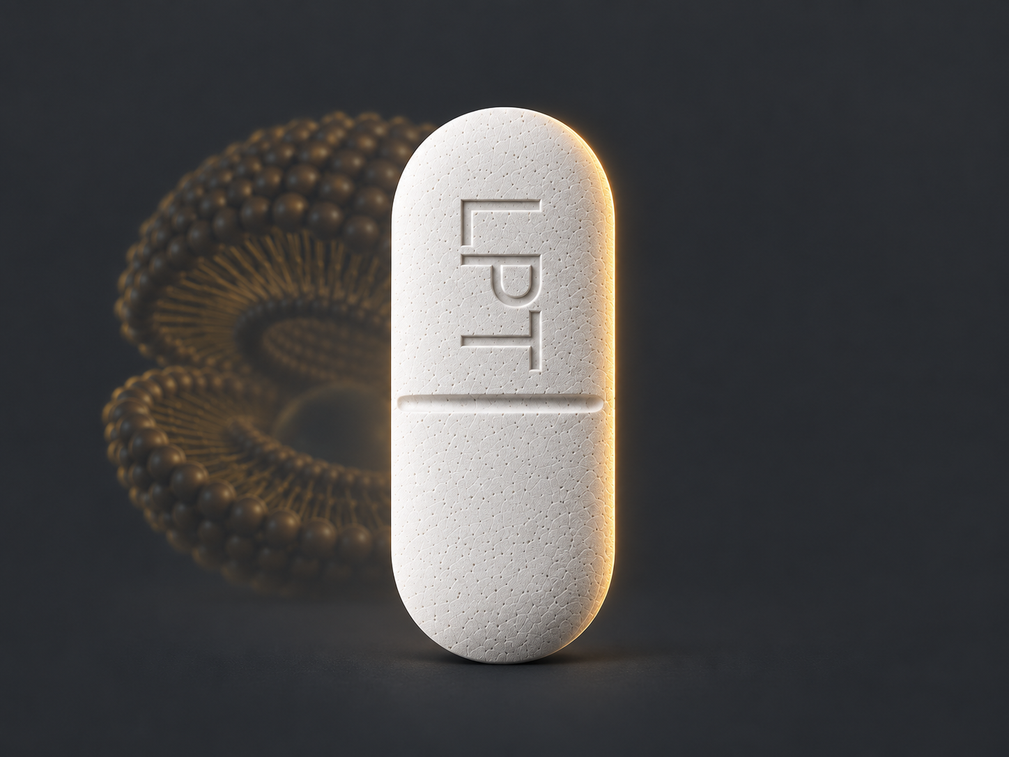 White scored LPT® tablet with vertical branded engraving and a subtle liposome behind it